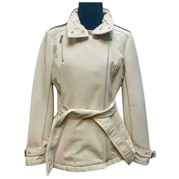 LIKE NEW! Kenneth Cole Belted Cream Jacket With Hidden Rain Hood - Picture 1 of 1